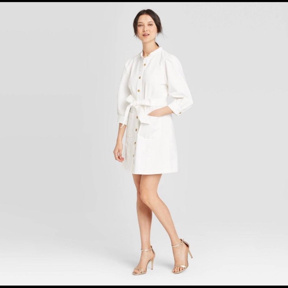 Puff 3/4 sleeve button down dress